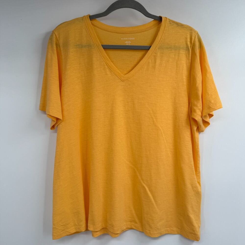 Eileen Fisher V-Neck T-Shirt Size M Orange Organic Cotton Slub Knit Short Sleeve